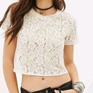 FOREVER 21 Short Sleeve Beaded‎ Crop Length Lace Sh